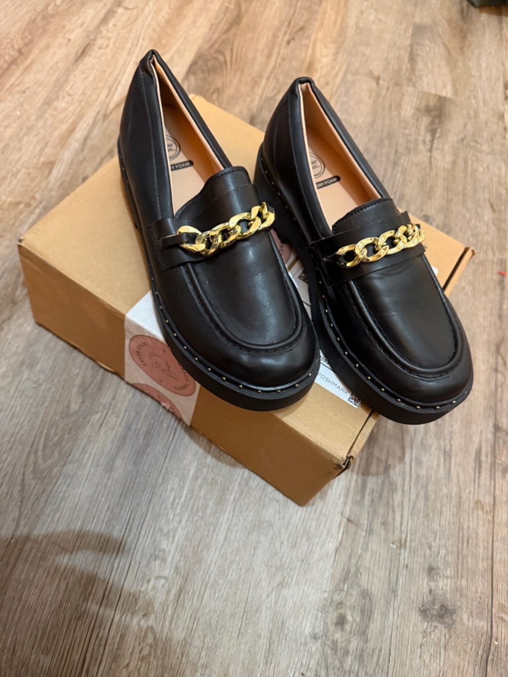 wonder nation Black Loafers with Gold Chain Accent